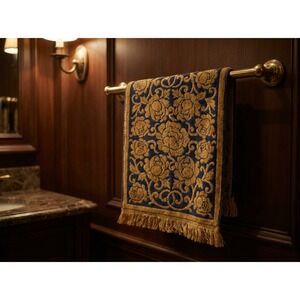 VNT Luxury Floral Jacquard Towel Navy Gold Ornate Rose Fringe Bath Boho cottage